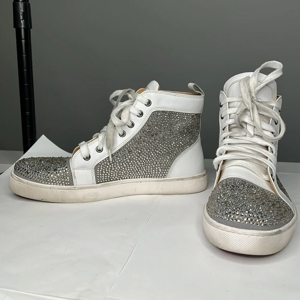 Crystal Rhinestone Sz 10.5 / EU 41 White Leather Hightop Sneakers Red Sole